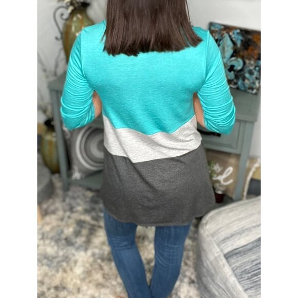Color Block Contrast A Line Floaty 3/4 Sleeve Round Neck Tunic Green Gray Small - Picture 7 of 11
